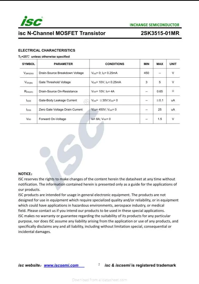 Technical datasheet for isc N-Channel MOSFET Transistor model K3515 showing electrical characteristics and specifications