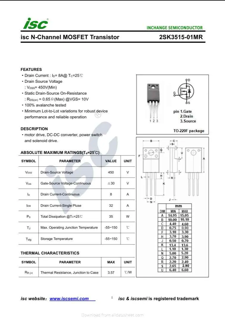 isc K3515 N-Channel MOSFET Transistor datasheet with electrical specifications and pin configuration diagram