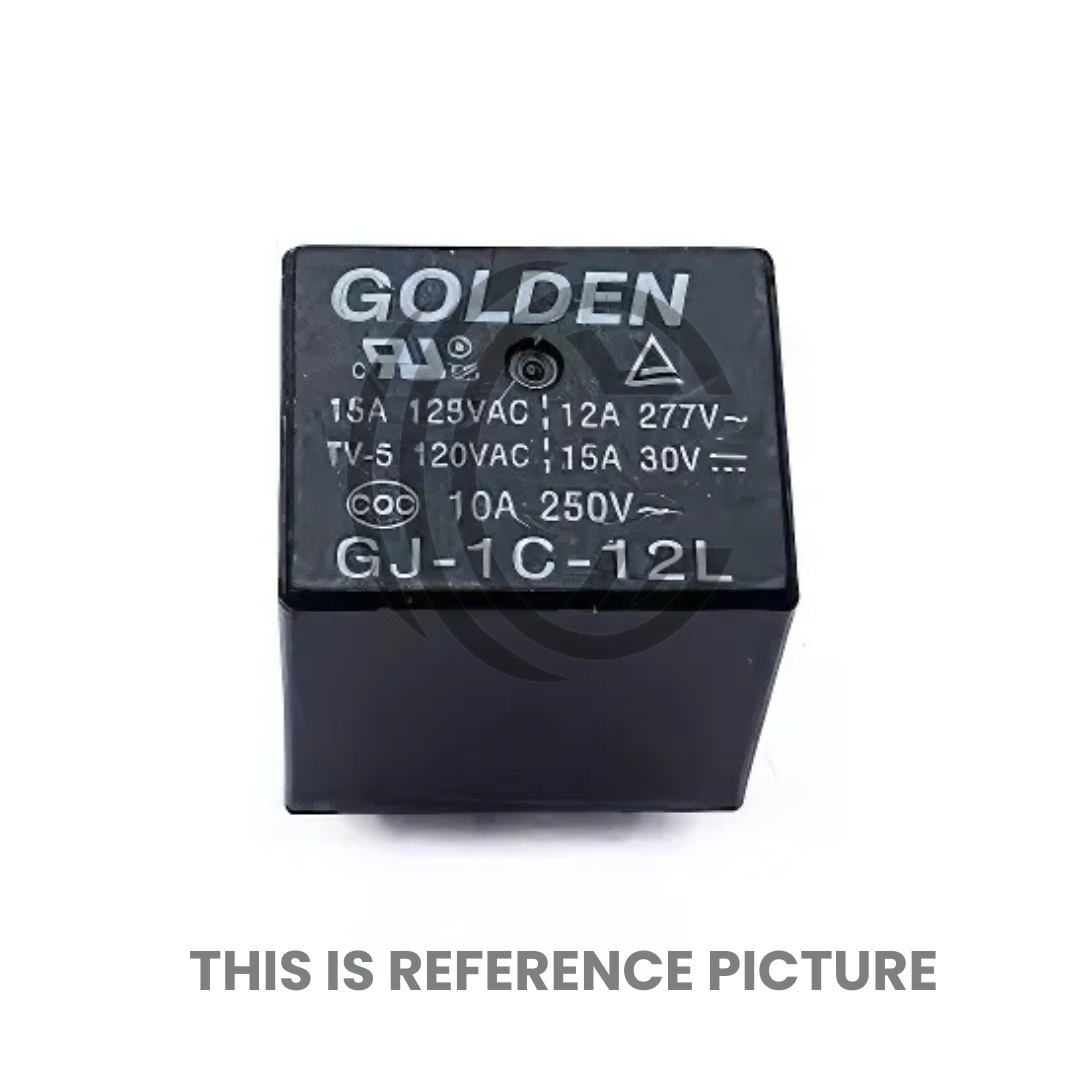 Black electrical relay component with label showing specifications from The Component Centre GH-1C-12H
