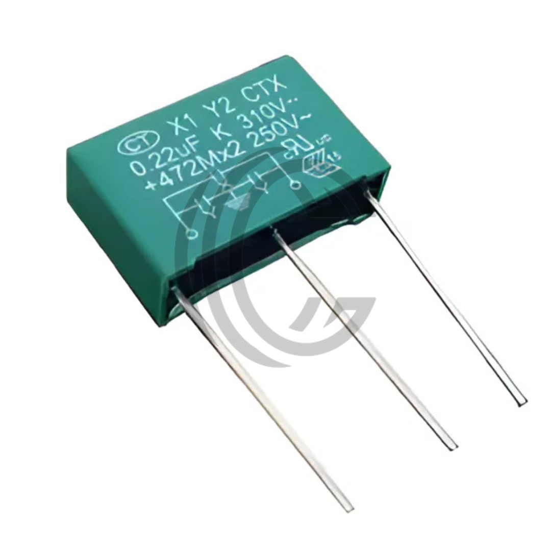 0.22uF 250V green film capacitor with three metal leads by The Component Centre