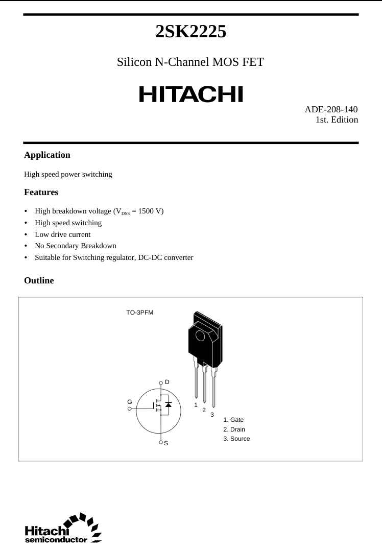 Hitachi 2SK2225 Silicon N-Channel MOSFET transistor datasheet page showing features and pin configuration