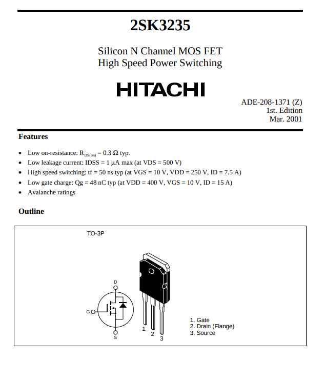 Hitachi 2SK3235 Silicon N Channel MOSFET high speed power switching transistor datasheet