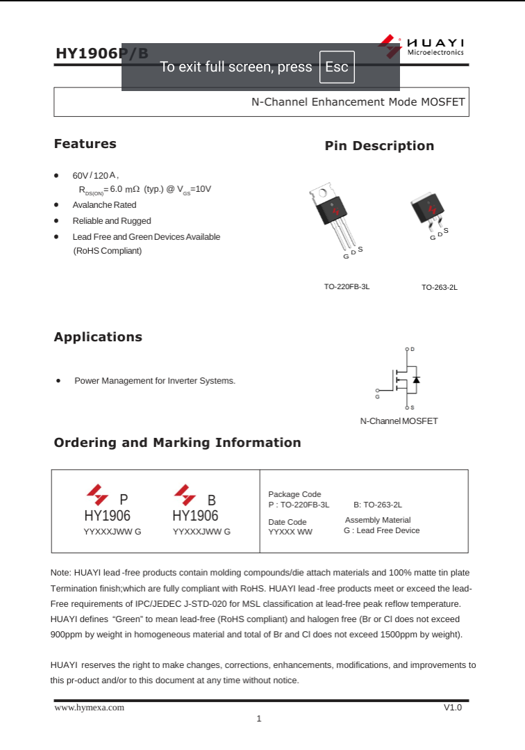HY1906P N-Channel Enhancement Mode MOSFET datasheet by The Component Centre showing features and pin description