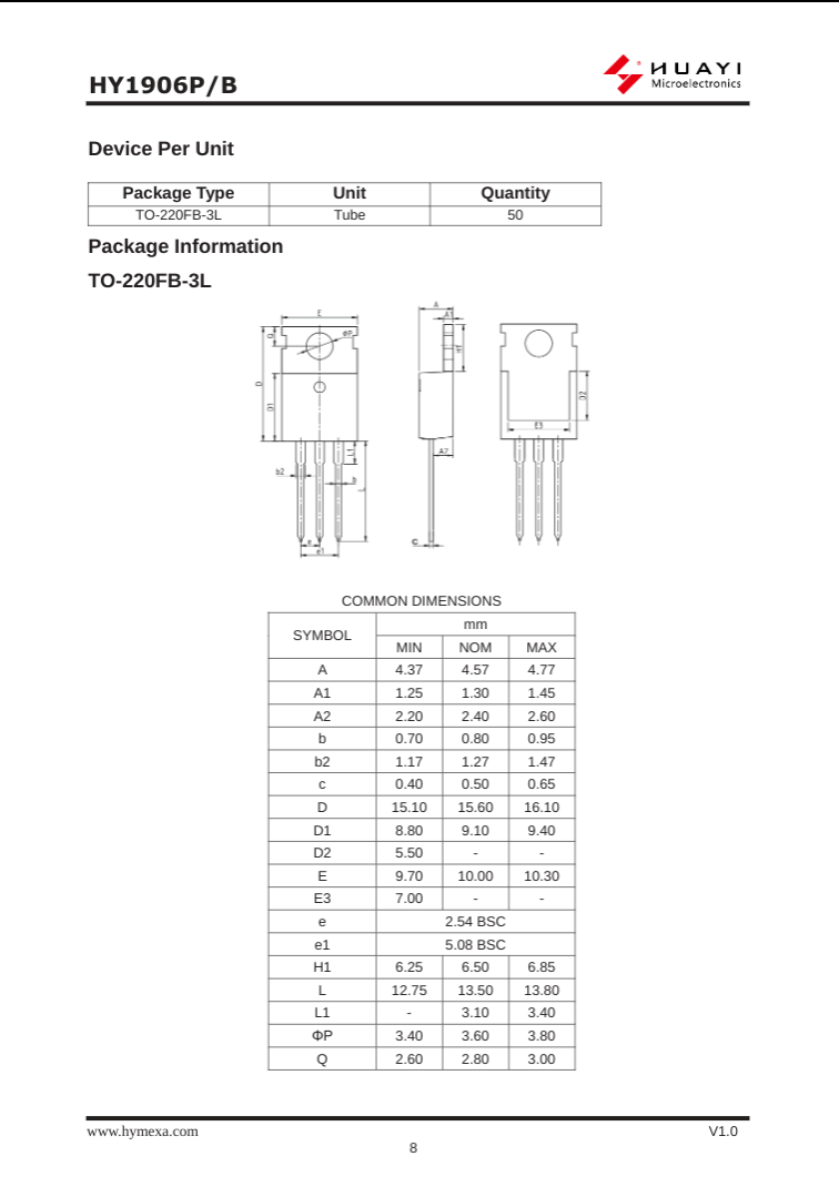 Technical datasheet for HY1906P TO-220FB-3L electronic component with package dimensions and specifications