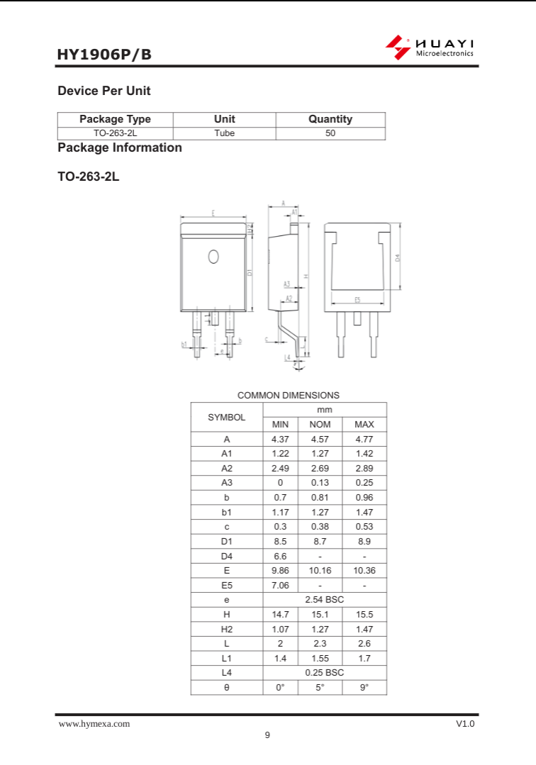 Technical drawing and dimensions of HY1906P electronic component package TO-263-2L from The Component Centre