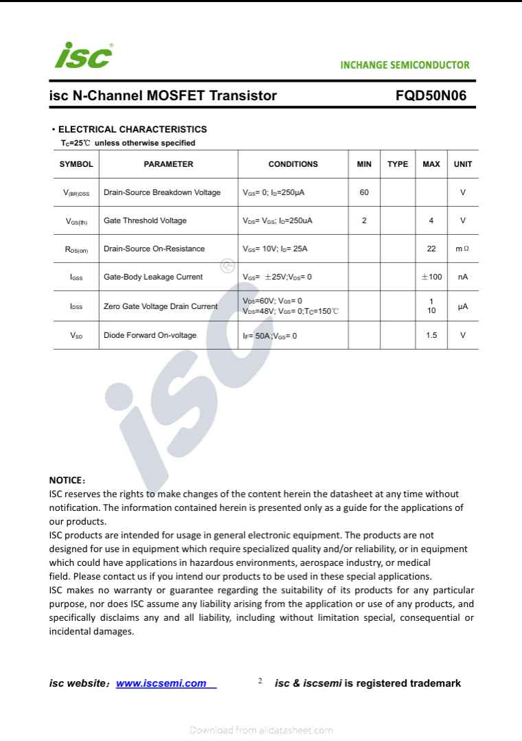 ISC N-Channel MOSFET Transistor FQD50N06 electrical characteristics datasheet page