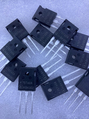 K75T60 electronic components from The Component Centre with three metal pins on a light surface