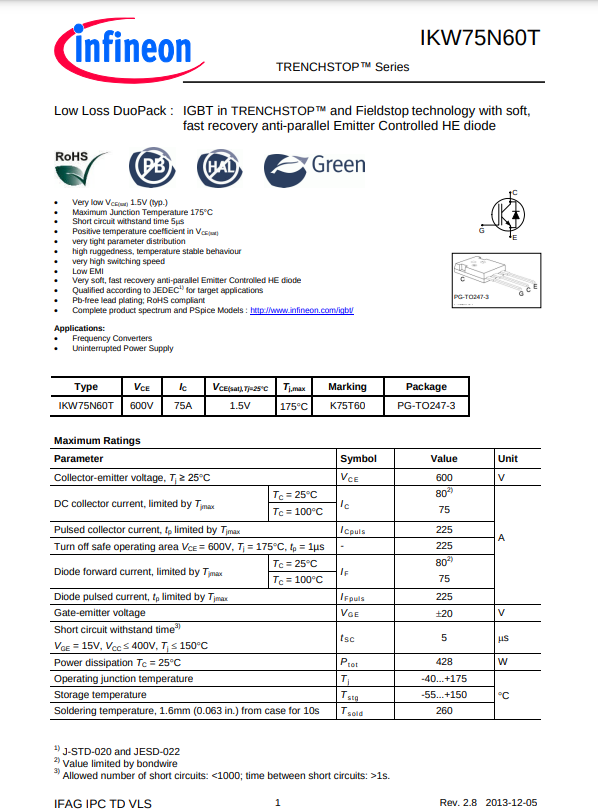 Infineon IKW75N60T power transistor datasheet with detailed electrical characteristics and package specifications featuring K75T60 marking