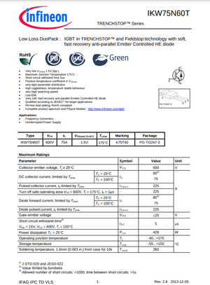 Infineon IKW75N60T power transistor datasheet with detailed electrical characteristics and package specifications featuring K75T60 marking