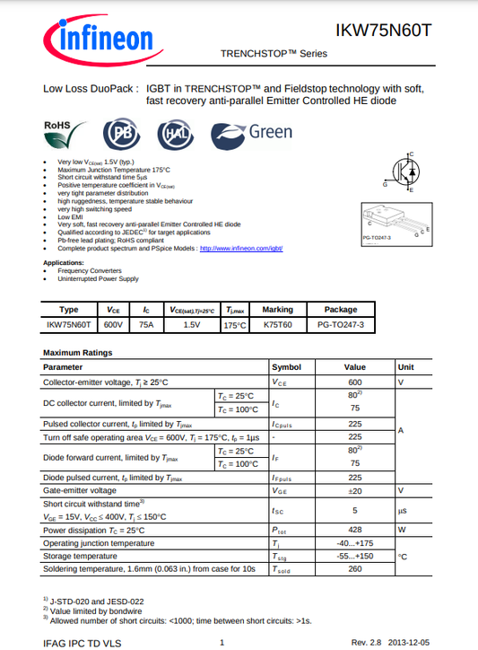 Infineon IKW75N60T power transistor datasheet with detailed electrical characteristics and package specifications featuring K75T60 marking