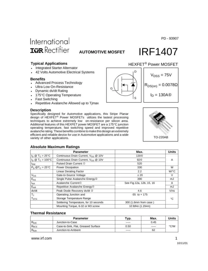 International Rectifier IRF1407 automotive HEXFET power MOSFET with detailed specifications and thermal ratings