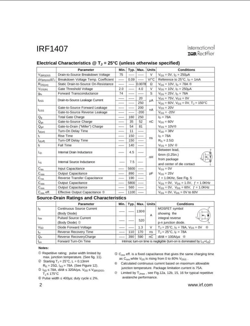 IRF1407 electrical characteristics datasheet page showing detailed parameters and ratings