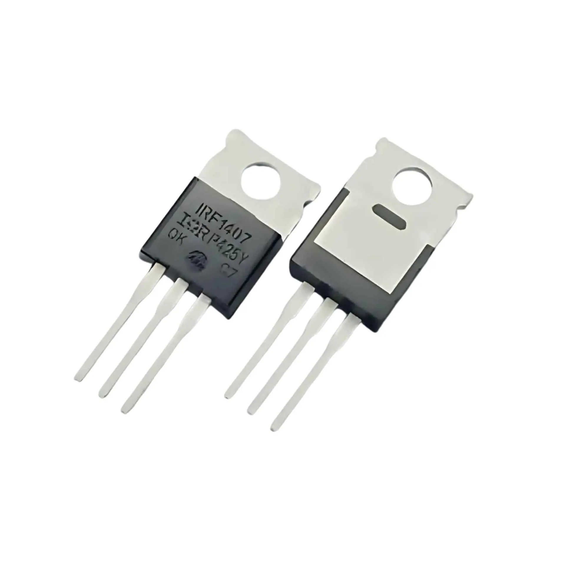 IRF1407 N-channel power MOSFET transistor with three metal legs and mounting hole