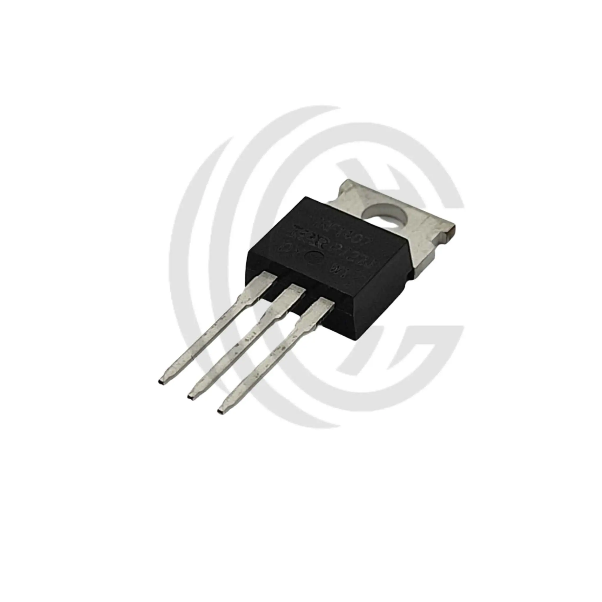 IRF1407 power transistor with three metal legs and metal tab for heat dissipation