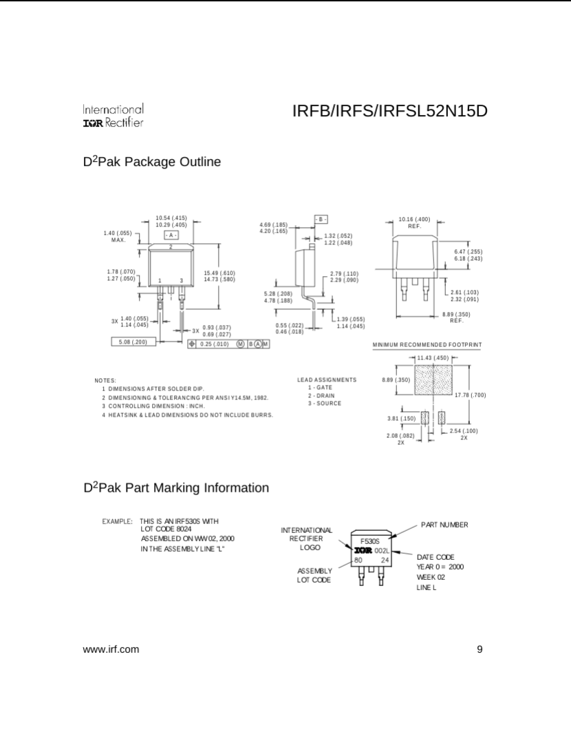 Technical drawing of IRFB IRFS IRFSL52N15D D2Pak power transistor package with dimensions and part marking details