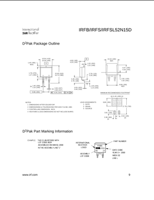 Technical drawing of IRFB IRFS IRFSL52N15D D2Pak power transistor package with dimensions and part marking details