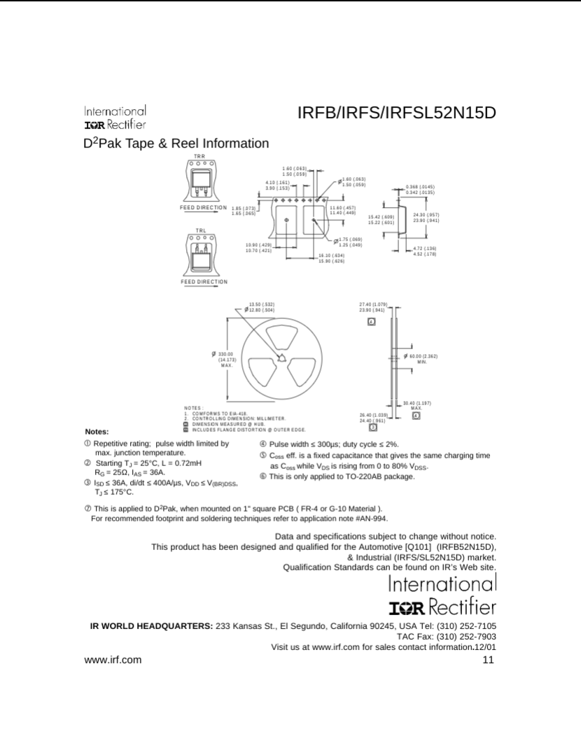 IRFB IRFS IRFSL52N15D D2Pak tape and reel packaging mechanical drawing datasheet