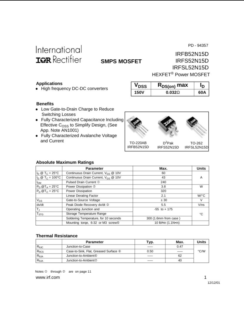 International Rectifier IRFB52N15D IRFS52N15D IRFSL52N15D HEXFET Power MOSFET datasheet with specs and electrical characteristics