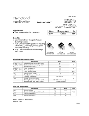 International Rectifier IRFB52N15D IRFS52N15D IRFSL52N15D HEXFET Power MOSFET datasheet with specs and electrical characteristics