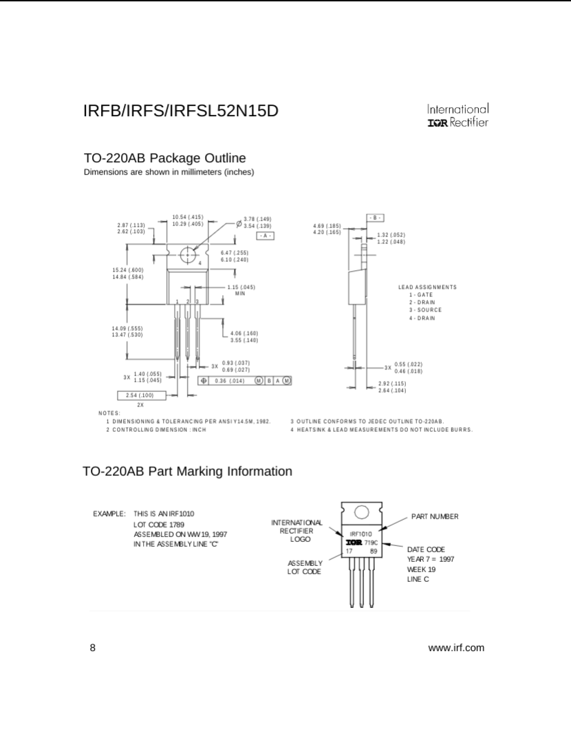 Technical drawing and dimensions of IRFB IRFS IRFSL52N15D TO-220AB package transistor from The Component Centre