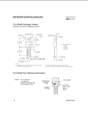 Technical drawing and dimensions of IRFB IRFS IRFSL52N15D TO-220AB package transistor from The Component Centre