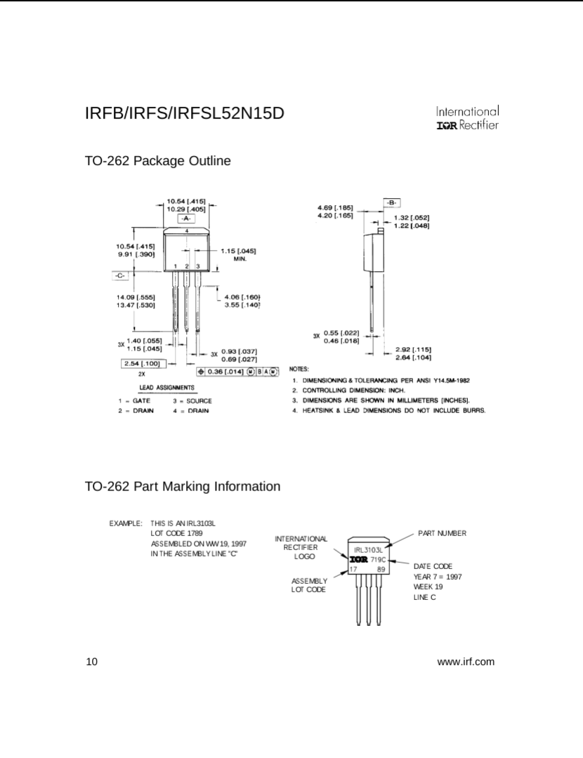 Technical drawing and dimensions of IRFB IRFS IRFSL52N15D TO-262 package transistor from The Component Centre