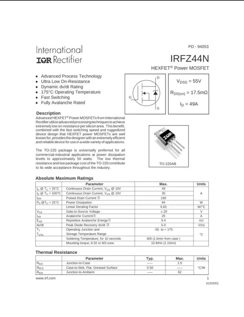 IRFZ44N HEXFET Power MOSFET datasheet page from The Component Centre showing specifications and ratings