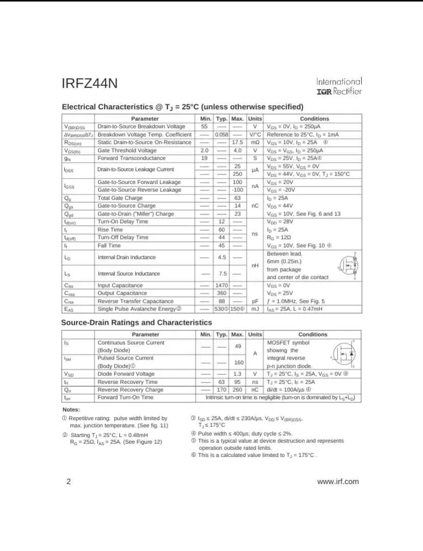 IRFZ44N electrical characteristics and source drain ratings datasheet table from The Component Centre