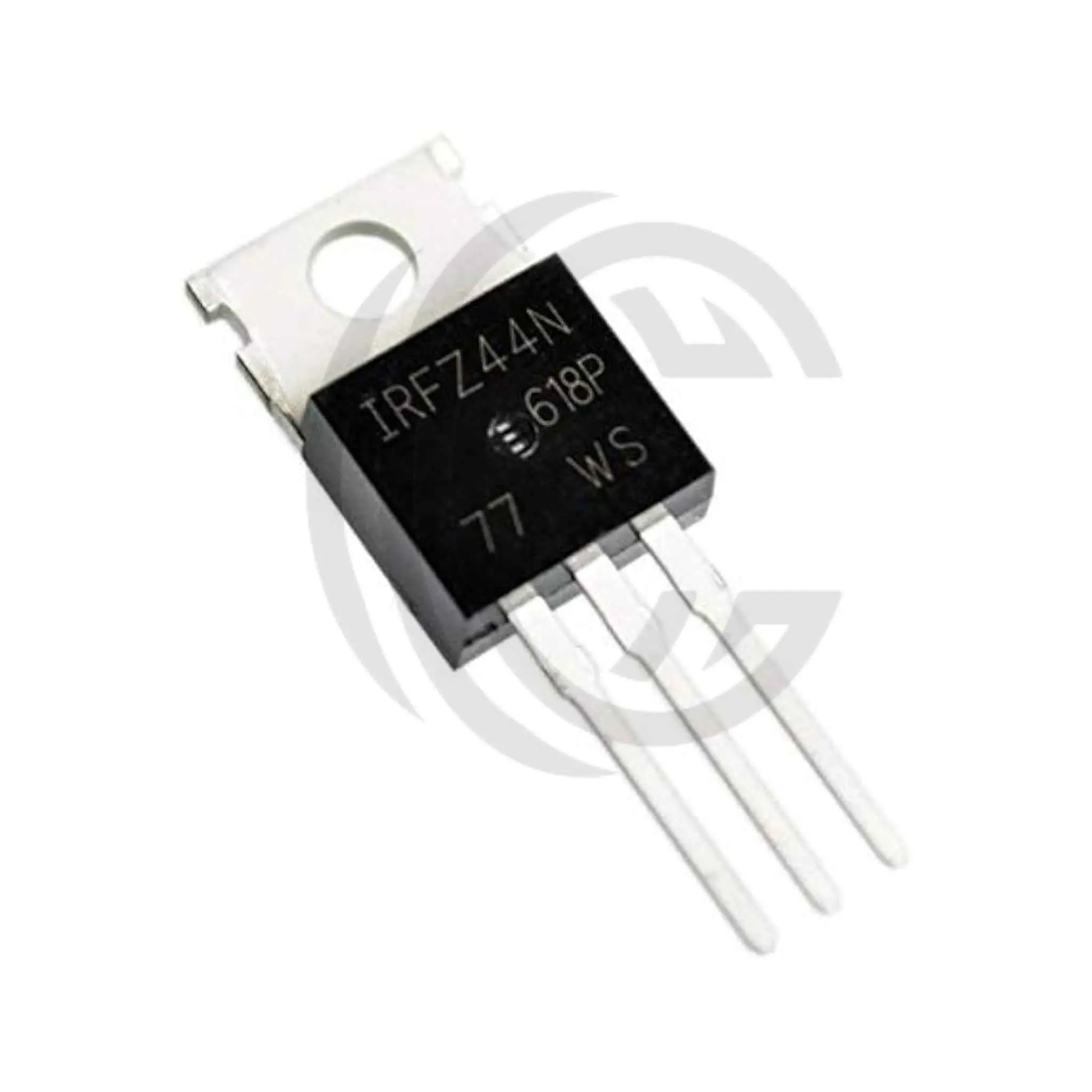 IRFZ44N power MOSFET transistor with three metal legs and black body from The Component Centre