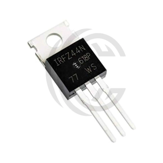IRFZ44N power MOSFET transistor with three metal legs and black body from The Component Centre