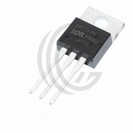 IRFZ44N power MOSFET transistor with three metal legs and black heat sink tab
