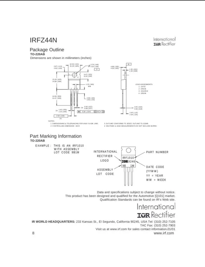 Technical datasheet diagram showing dimensions and part marking information for IRFZ44 transistor