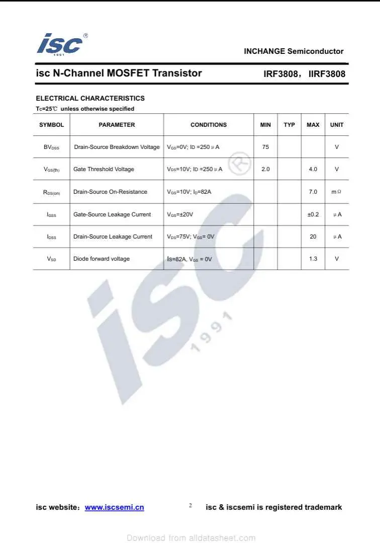 ISC N-Channel MOSFET Transistor IRF3808 electrical characteristics datasheet page
