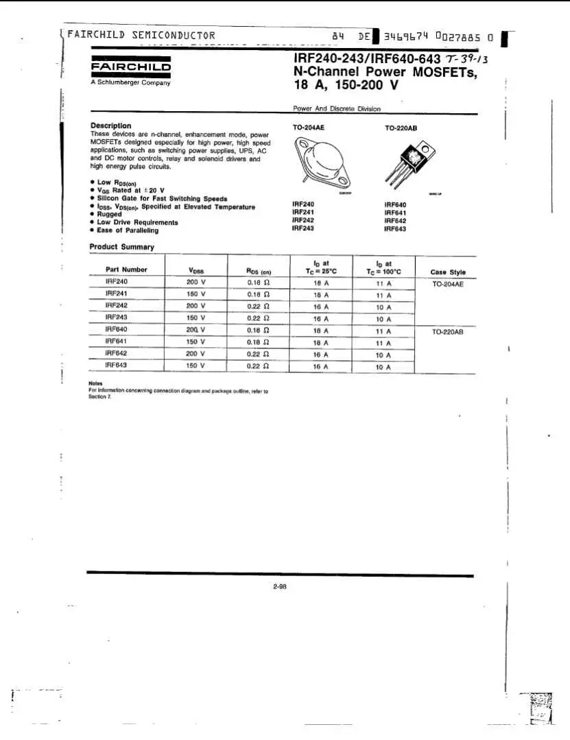 Fairchild Semiconductor datasheet page showing IRF640 N-Channel Power MOSFET specifications and package types