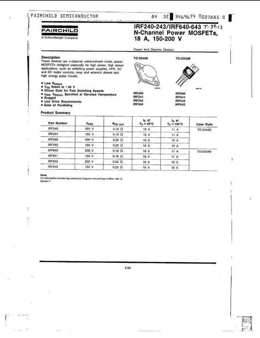 Fairchild Semiconductor datasheet page showing IRF640 N-Channel Power MOSFET specifications and package types