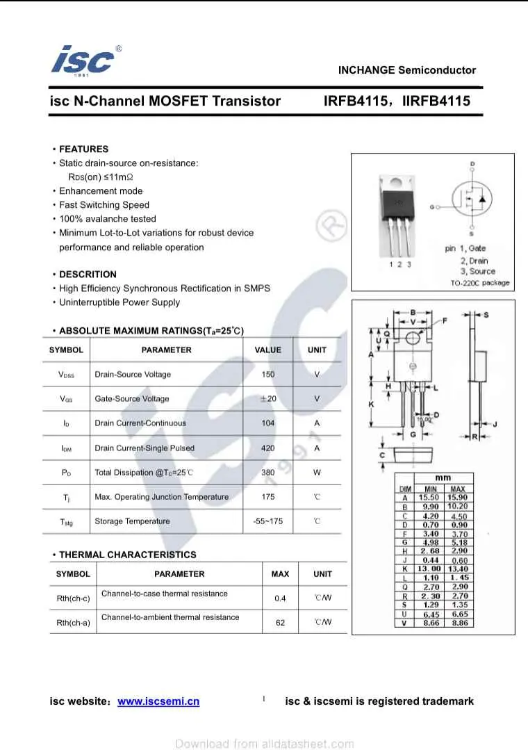 isc N-Channel MOSFET Transistor datasheet featuring IRFB4115 with technical specifications and pin diagram
