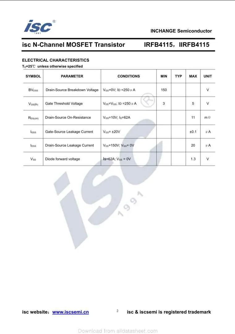 Electrical characteristics datasheet page for IRFB4115 N-Channel MOSFET transistor