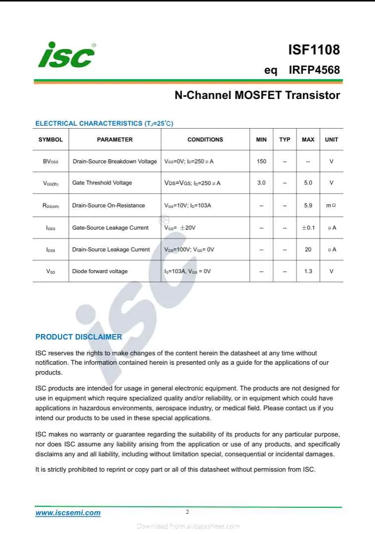 ISC N-Channel MOSFET Transistor datasheet showing electrical characteristics for IRFP4568