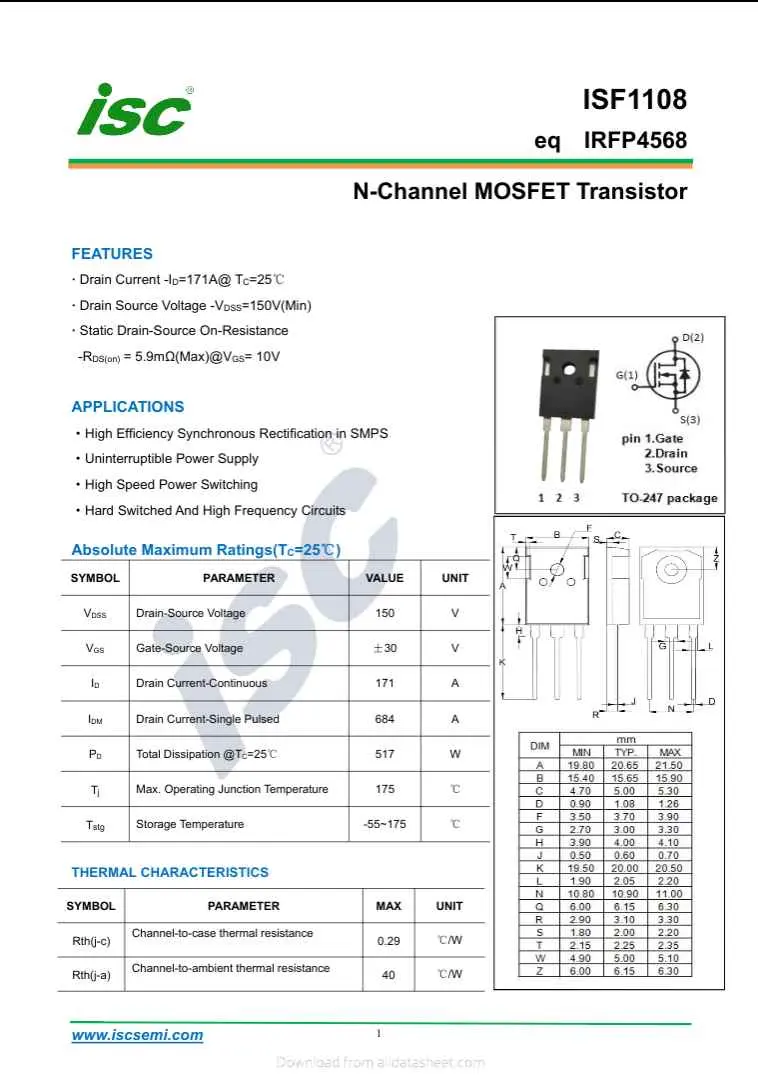 IRFP4568 N-Channel MOSFET transistor datasheet showing features, applications, pin diagram, and electrical characteristics