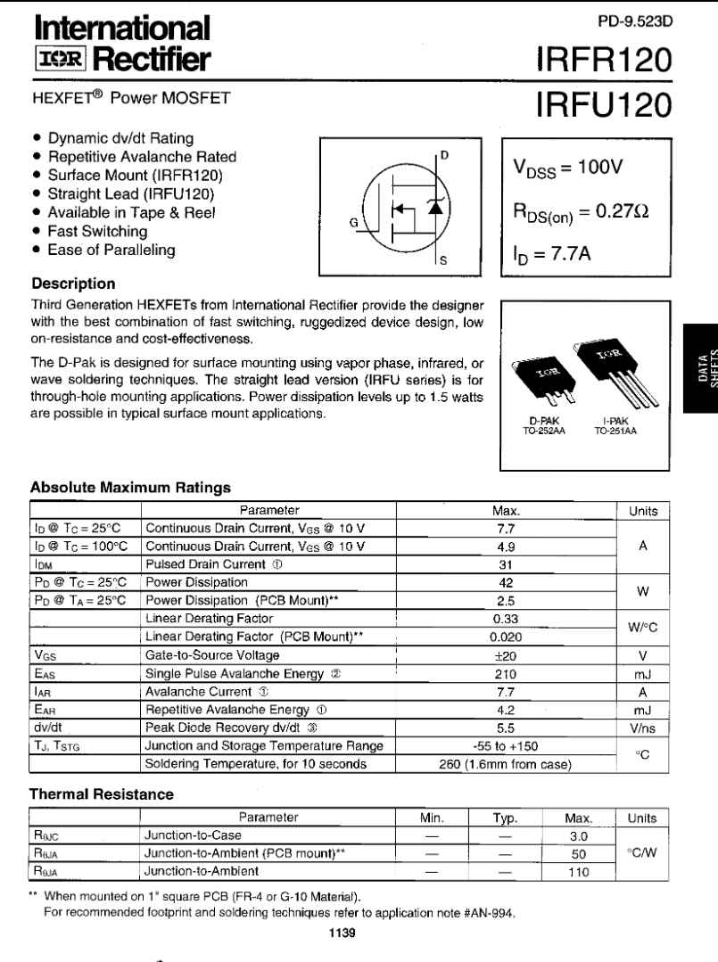 International Rectifier IRFR120 HEXFET Power MOSFET datasheet with electrical ratings and specifications