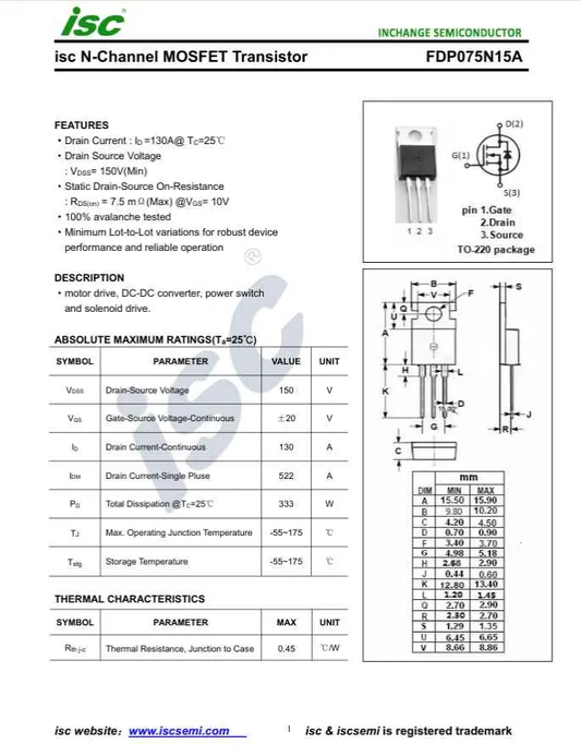 isc N-Channel MOSFET Transistor model 75N15 datasheet with technical specifications and pin diagram
