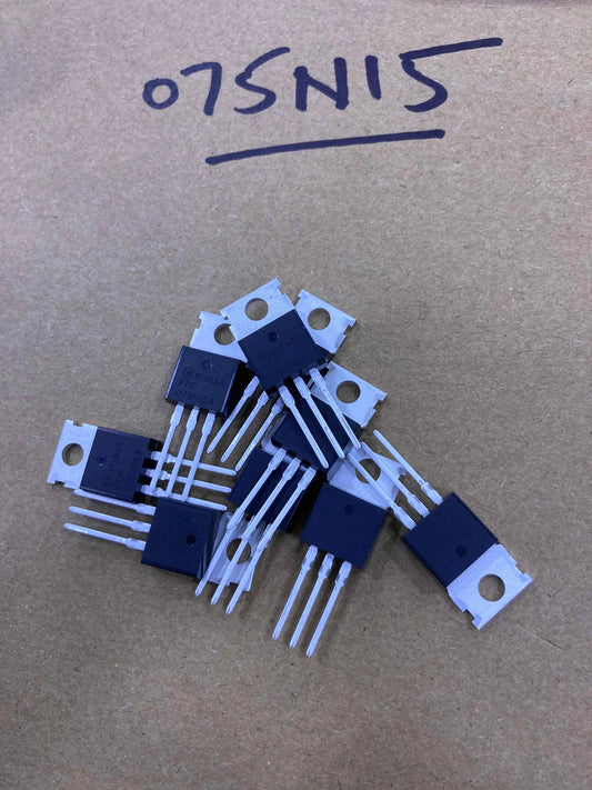 Set of 75N15 power transistors with three metal pins and black plastic casing