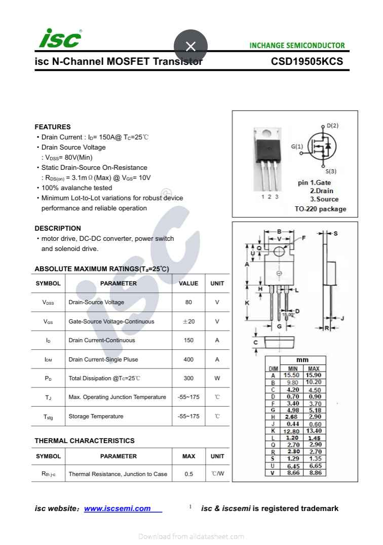 isc N-Channel MOSFET Transistor CSD19505KCS datasheet with specifications and pin diagram