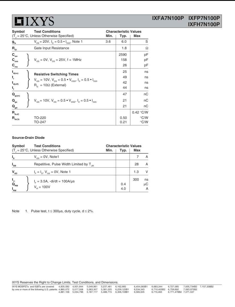 IXFP7N100P transistor datasheet from The Component Centre showing electrical characteristics and test conditions