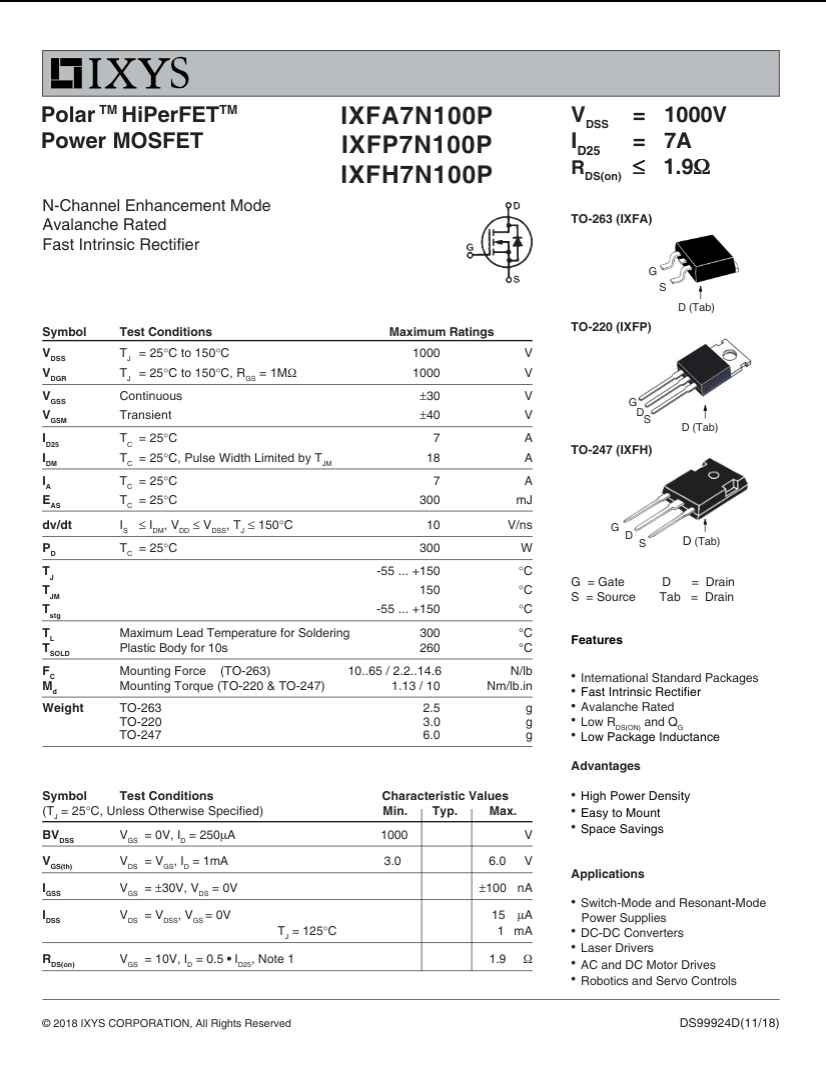 IXFP7N100P Polar HiPerFET Power MOSFET N-Channel Enhancement Mode with 1000V and 7A ratings from The Component Centre