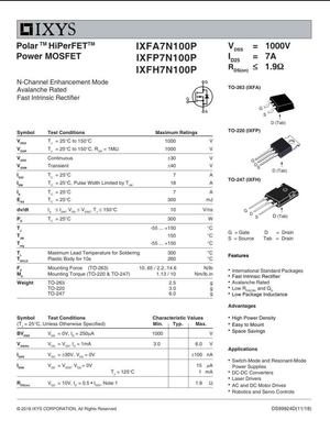 IXFP7N100P Polar HiPerFET Power MOSFET N-Channel Enhancement Mode with 1000V and 7A ratings from The Component Centre