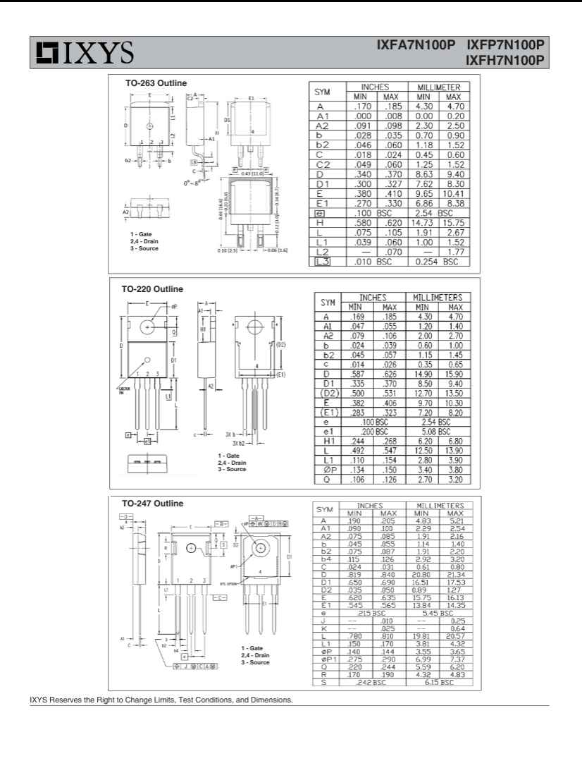 Technical drawing and dimension chart for IXFP7N100P transistor package outlines from The Component Centre