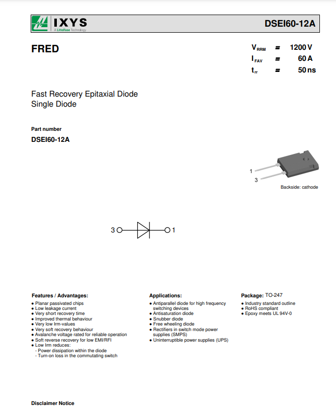 IXYS Fast Recovery Epitaxial Diode datasheet for DSEI60-06A with technical specifications and diagram