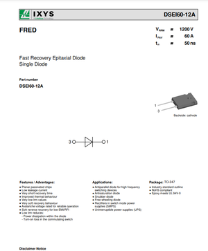 IXYS Fast Recovery Epitaxial Diode datasheet for DSEI60-06A with technical specifications and diagram