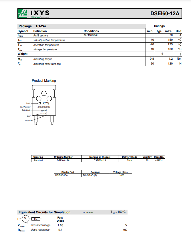 DSEI60-06A IXYS semiconductor datasheet showing electrical ratings and product markings